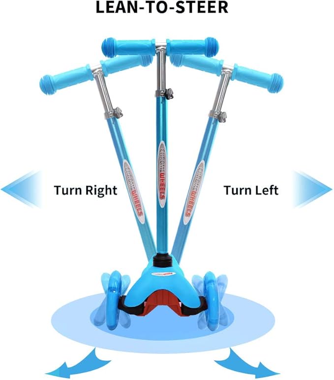 ChromeWheels Scooter for Kids, Deluxe 3 Wheel Scooter for Toddlers 4 Adjustable Height Glider with Kick Scooters, Lean to Steer with LED Flashing Light for Ages 3-6 Girls Boys