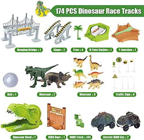 174 PCS Flexible Dinosaur Train Tracks and Race Cars Playset with 8 Dinosaurs Figures, Electric Vehicles, Lights - Create Road Racing World for Toddlers and Kids