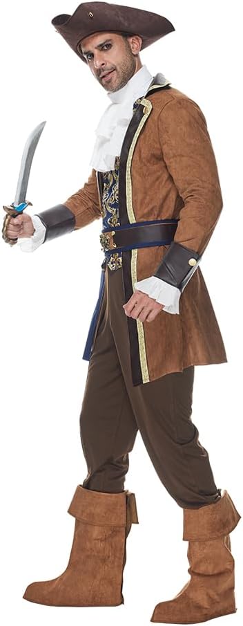 Men Deluxe Pirate Costume Adult Halloween Outfit Sea Captain Buccaneer Cosplay Party Dress Up 6 Pcs
