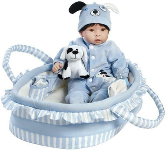 Paradise Galleries 17 Inch Realistic Reborn Baby Boy Doll with Plush Pup and Bassinet Gift Set for Kids and Adults – Finn & Sparky