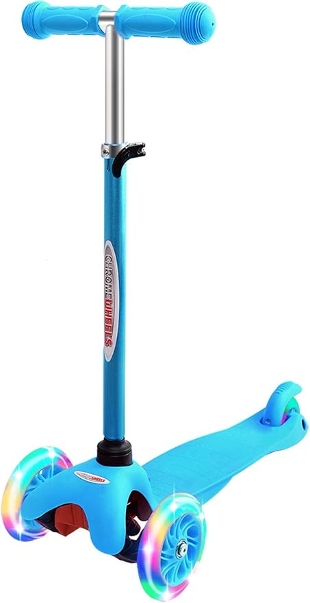 ChromeWheels Scooter for Kids, Deluxe 3 Wheel Scooter for Toddlers 4 Adjustable Height Glider with Kick Scooters, Lean to Steer with LED Flashing Light for Ages 3-6 Girls Boys