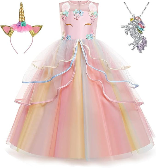 Unicorn Dress for Girls Unicorn Costume Pageant Princess Party Birthday Long Gown with Unicorn Headband & Necklace