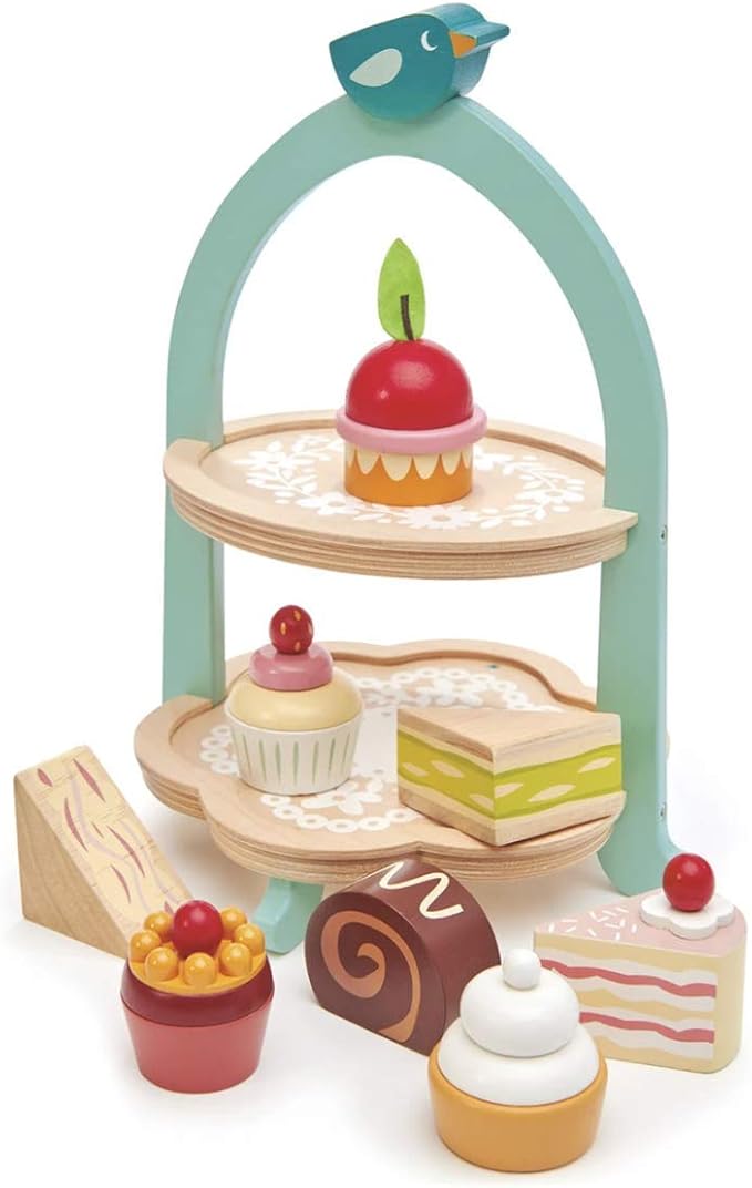 Tender Leaf Toys - Mini Chef Birdie Afternoon Tea Stand – Realistic English Sandwich, Cake and Pastry Tower for Pretend Play High-Tea Party - Social, Creative, and Imaginative Role Play - Age 3+