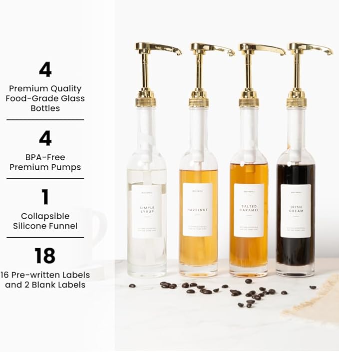 Molimoli Coffee Syrup Dispenser for Coffee Bar, 350mlCoffee Pump Dispenser, Glass Syrup Bottle w. Pumps, Simple Syrup Dispenser w. Labels,Set of 4, (Gold)