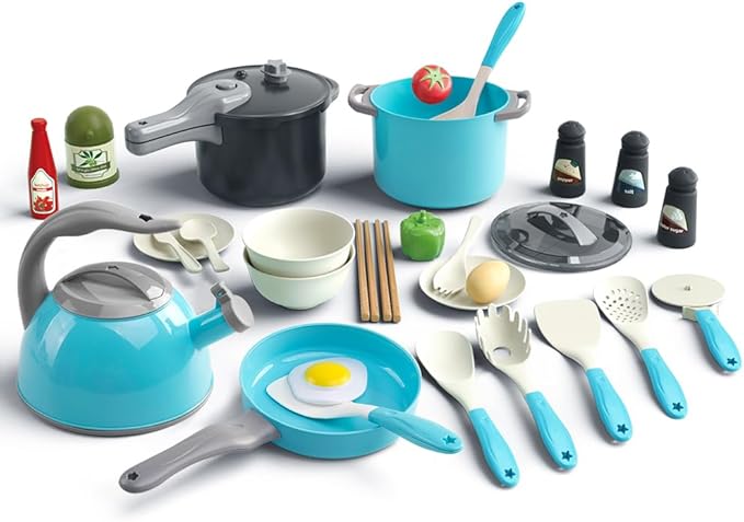 Bruvoalon 32Pcs Kids Play Kitchen Toys Set, Toddlers Pretend Cooking Playset Acccessories with Pots Pans, Utensils Cookware, Foods, Canned Veges, Learning Gift for Kids Girls Boys (Turquoise)