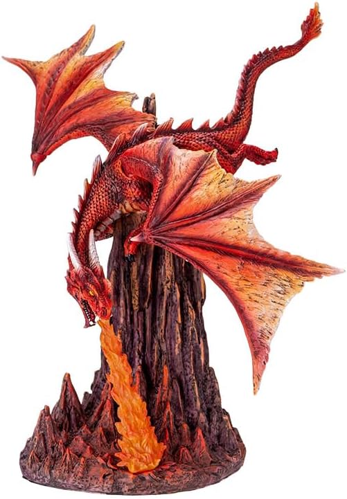 Pacific Giftware Fury Fire Dragon Figurine Red Dragon Sculpture Breathing Fire Over Volcanic Rock Base Dragon Dungeon Decor and Home Display 13 Inches Tall