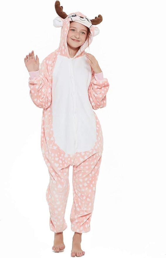 Kid Reindeer Onesie Pajamas Deer Christmas Halloween Costume Boy Girl Animal Onepiece (Pink, 140)