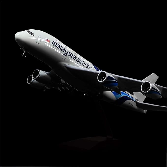 24-Hours 18" 1/160 Scale Airplane Desk Model Malaysia A380 Model Plane Collection with LED Light(Touch or Sound Control) Wood Stand & Gear Reg