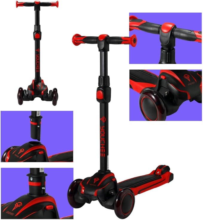 3 Wheels Kick Scooter for Kids Ages 5-12, with Built-in LED Light-Up Wheels, Adjustable Handlebar, Non-Slip Deck and Reliable Brake, Lean-to-Steer Self Balancing.