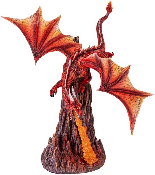 Pacific Giftware Fury Fire Dragon Figurine Red Dragon Sculpture Breathing Fire Over Volcanic Rock Base Dragon Dungeon Decor and Home Display 13 Inches Tall