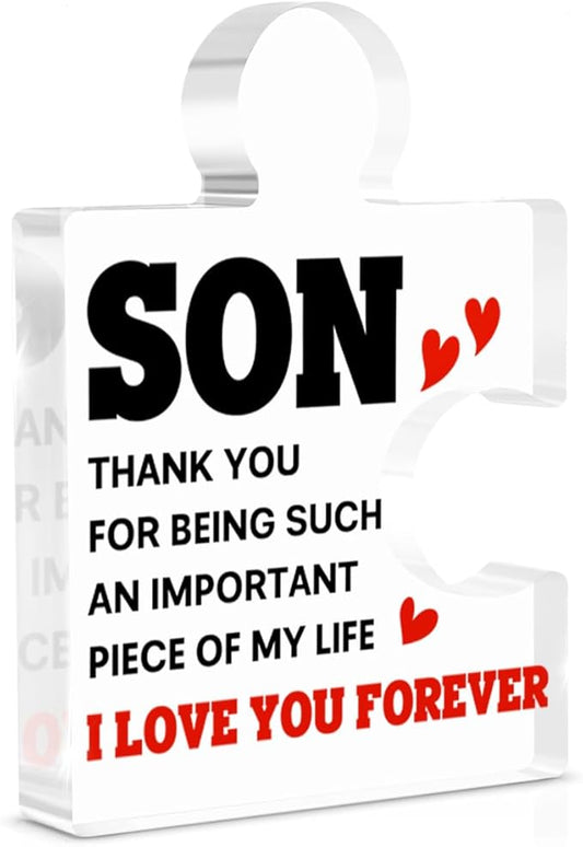 Son Gifts from Mom and Dad, Birthday Gifts for Son Graduation Thanksgiving Christmas Gift Idea for Men Boys from Father, Mother Acrylic Puzzle Piece Plaque Desk Decorations for Home Decor