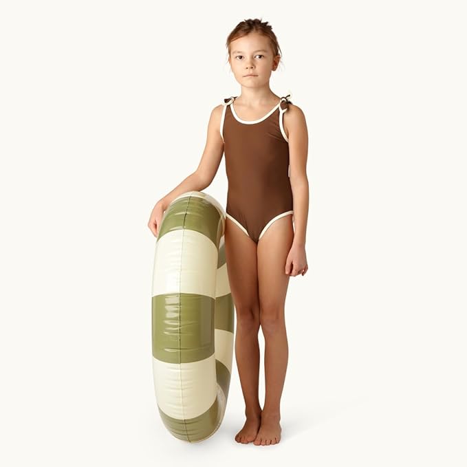 Petites-Pommes Float Ring for Kids - Durable Inner Tube, Handprinted Classic Striped Design Striped Pool Float, Soft Comfort Seaming, Packable Floats for Travel, Military Green, 35 inch