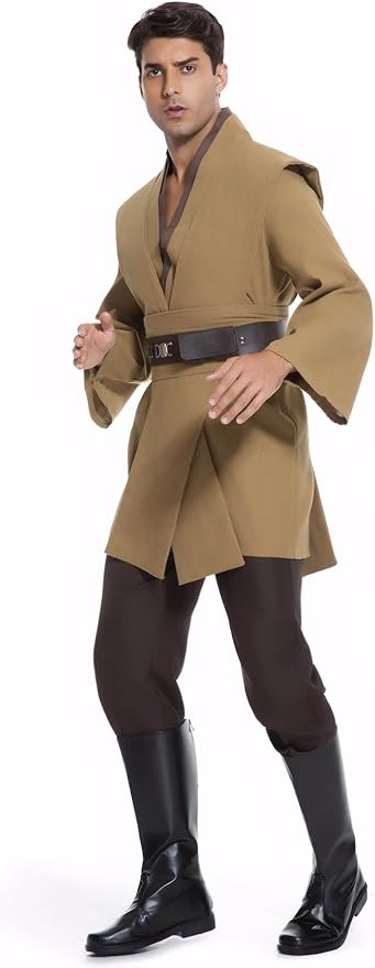 Men's Hooded Robe Tunic Cosplay Costume Knight Cloak Tunic Uniform Pants with Belt Full Set Halloween Outfits