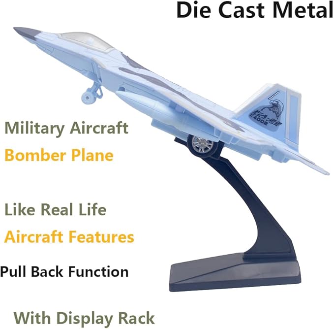 Ailejia Diecast F 22 Fighting Falcon Airplane Model Aircraft Army Air Force Toys Military Plane Pull Back with Lights and Sounds (F 22 Blue)