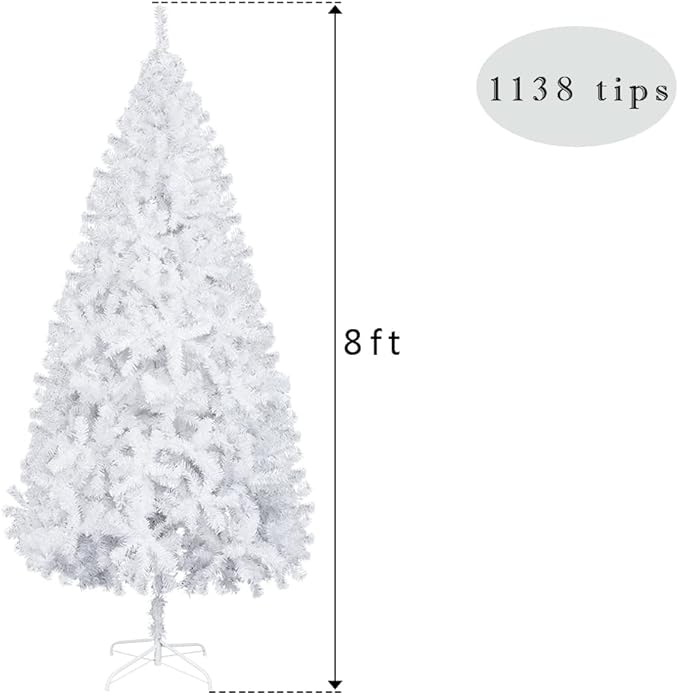 Bonnlo Artificial Christmas Tree, 8ft White Pointed Christmas Tree w/ 230 Branch Tips, Large Xmas Tree Holiday Party Decorations