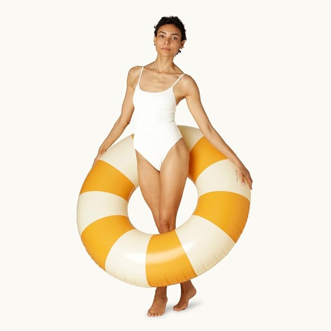 Petites-Pommes Inflatable Swimming Ring for Adults - Durable Inner Tube, Handprinted Classic Striped Design Pool Float, Soft Comfort Seaming, Packable Floats for Travel, Dark Yellow, 47 inch