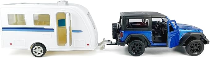 2 Doors Wrangler Rubicon SUV Model Car Trailer Towing Toy Camper RV Motorhome Toys for Boys, Doors Open, 1/36 Scale Diecast Metal Toy Cars, 3 4 5 6 7 Year Old Kids Gifts Cake Topper Home Office Decor