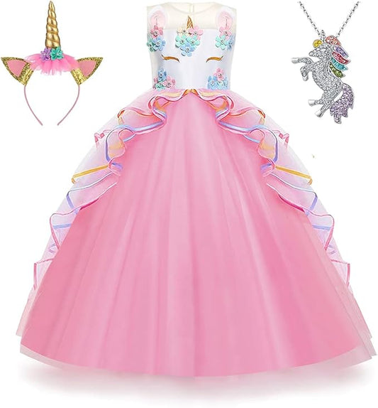 Unicorn Dress for Girls Unicorn Costume Pageant Princess Party Birthday Long Gown with Unicorn Headband & Necklace