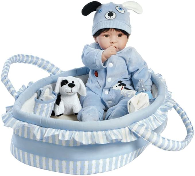 Paradise Galleries 17 Inch Realistic Reborn Baby Boy Doll with Plush Pup and Bassinet Gift Set for Kids and Adults – Finn & Sparky