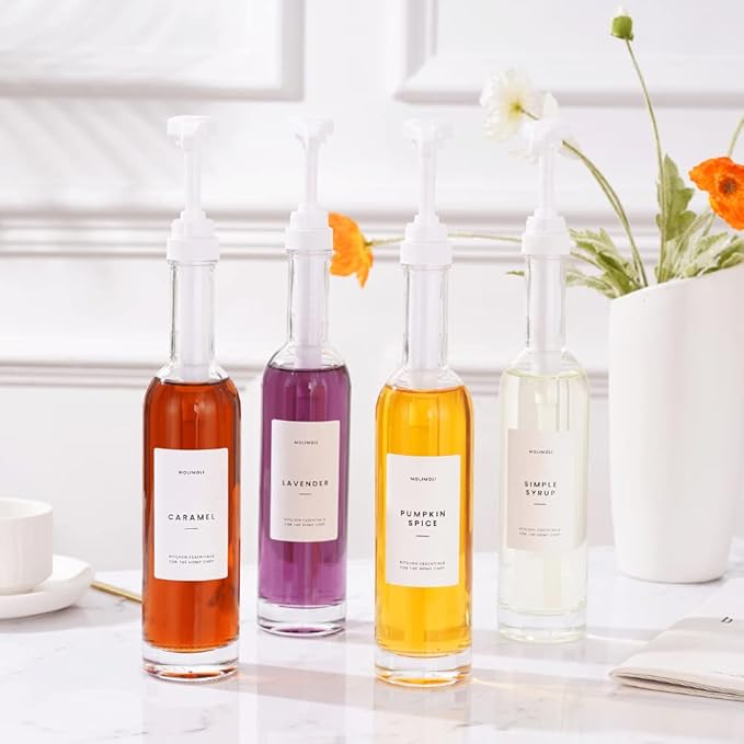 MoliMoli Coffee Syrup Dispenser for Coffee Bar, 350ml,Coffee Pump Dispenser, Glass Syrup Bottle w. Pumps, Simple Syrup Dispenser w. Labels (White) Set of 2