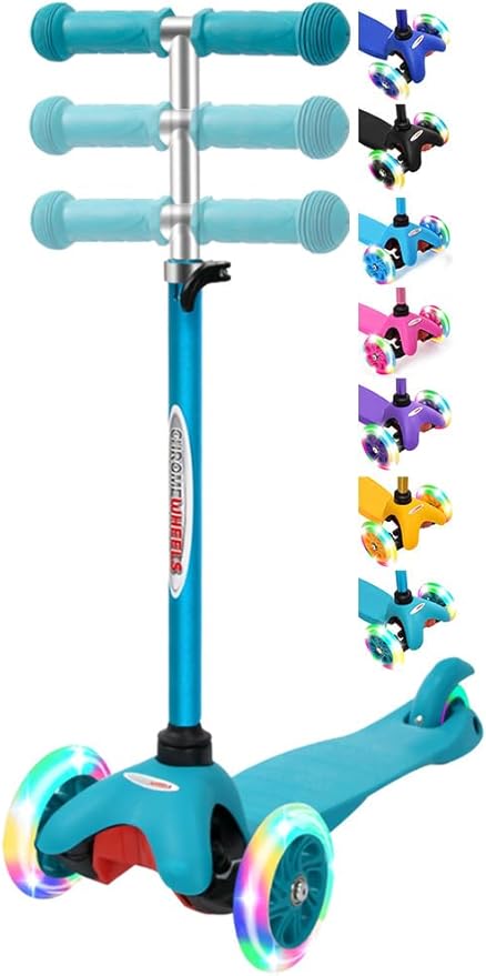 ChromeWheels Scooter for Kids, Deluxe 3 Wheel Scooter for Toddlers 4 Adjustable Height Glider with Kick Scooters, Lean to Steer with LED Flashing Light for Ages 3-6 Girls Boys