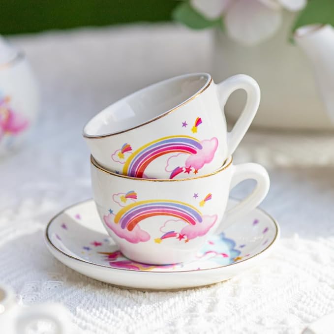 Tacobear Porcelain Tea Set for Girls Toys Unicorn Gift, 13pcs Tea Party Set with Teapot & Cup & Saucer & Suitcase, Kid Kitchen Pretend Playset Birthday Unicorn Toys for Girls 3 4 5 6-8