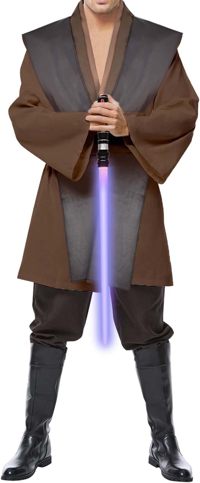 Men's Tunic Cosplay Costume with 2 PCS Light Up Saber Tunic Hooded Robe Full Set for Halloween Party
