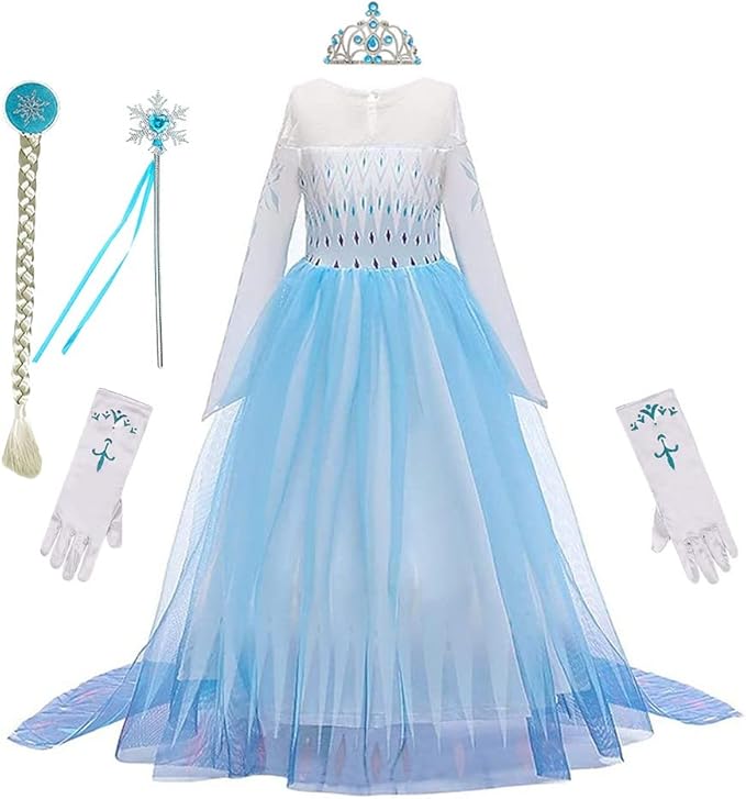 REXREII Little Girls Princess Dress Frozen Elsa Costume Halloween Cosplay Christmas Birthday Party Gown w/Accessories