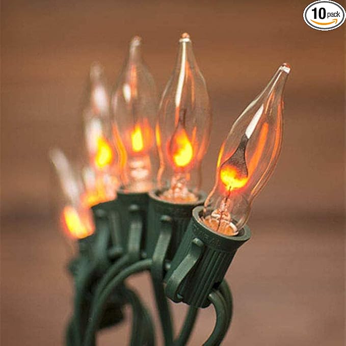 Christmas Flicker Flame String Lights, 10Ft Amber Flame String Lights with 10 C18 Flame Bulbs, E12/C7 Base Christmas Lights for Indoor/Outdoor Decoration Party Room Garden Docor-Green Wire