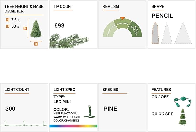 Glitzhome 7.5ft Prelit Christmas Tree, Flocked Artificial Christmas Tree, Pencil Christmas Tree Portland Snowy Pine with 300 Warm White/Multi-Color Lights, 9 Functional, Remote Controller
