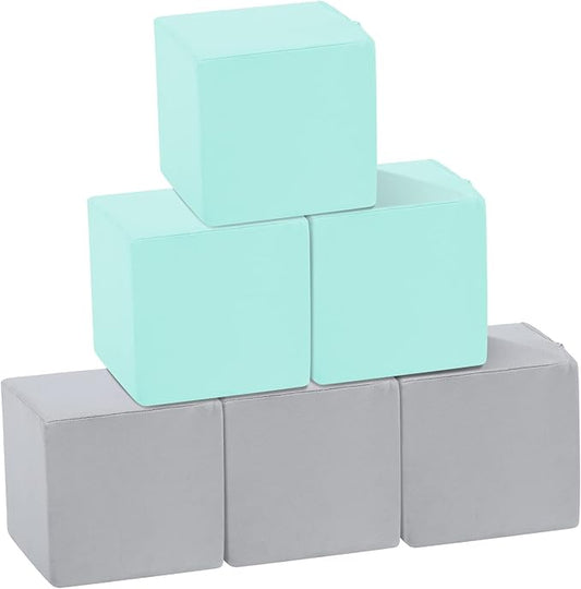 TRENDBOX 6 Pcs Toddler Foam Blocks, 5.5inch Soft Foam Cubes with Detachable Washable Cover, Soft Play Blocks for Toddlers and Kids (Light Gray/Blue)