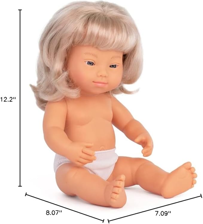 Miniland Baby Doll 15'' Caucasian Blond Girl with Down Syndrome (Polybag) - Made in Spain, Anatomically Correct, Quality, Inclusion, Vanilla Scented