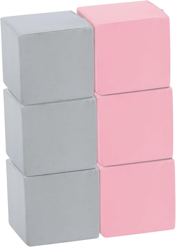 TRENDBOX 6 Pcs Toddler Foam Blocks, 5.5inch Soft Foam Cubes Blocks with Detachable Washable Cover, Soft Play Blocks for Toddlers and Kid （Light Gray & Pink）