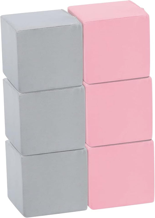 TRENDBOX 6 Pcs Toddler Foam Blocks, 5.5inch Soft Foam Cubes Blocks with Detachable Washable Cover, Soft Play Blocks for Toddlers and Kid （Light Gray & Pink）
