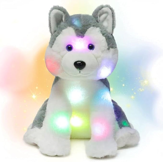 Hopearl LED Plush Husky Light up Stuffed Animal Dog Floppy Puppy Night Lights Glow in The Dark Birthday Festival for Kids Toddler Girls, Gray, 12''