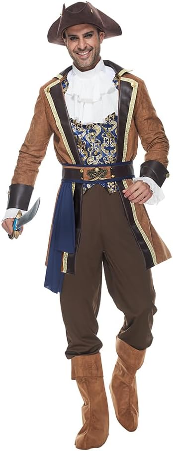 Men Deluxe Pirate Costume Adult Halloween Outfit Sea Captain Buccaneer Cosplay Party Dress Up 6 Pcs