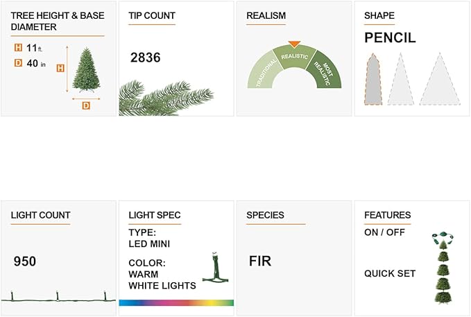 Glitzhome 11ft Artificial Christmas Tree, Prelit Christmas Tree with 950 Warm White Lights, Flocked Pencil Tree w/2836 Branch Tips, Metal Hinged & Foldable Metal Stand for Holiday Decorations