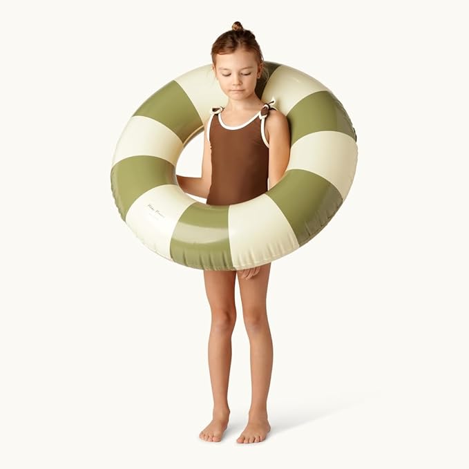 Petites-Pommes Float Ring for Kids - Durable Inner Tube, Handprinted Classic Striped Design Striped Pool Float, Soft Comfort Seaming, Packable Floats for Travel, Military Green, 35 inch