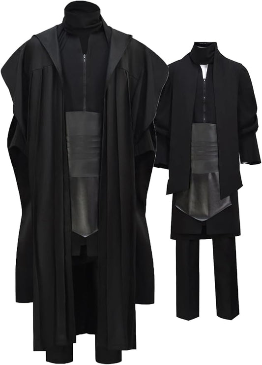 Mens Cosplay Costume Black Tunic Hooded Cloak Robe Suit Uniform Halloween Outfit