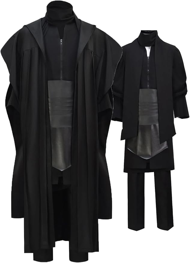 Mens Cosplay Costume Black Tunic Hooded Cloak Robe Suit Uniform Halloween Outfit