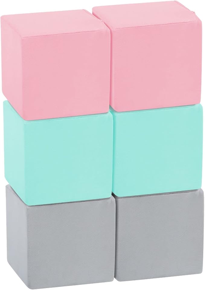 TRENDBOX 6 Pcs Toddler Foam Blocks, 5.5inch Soft Foam Cubes with Detachable Washable Cover, Soft Play Blocks for Toddlers and Kids (Light Gray & Pink, Blue)