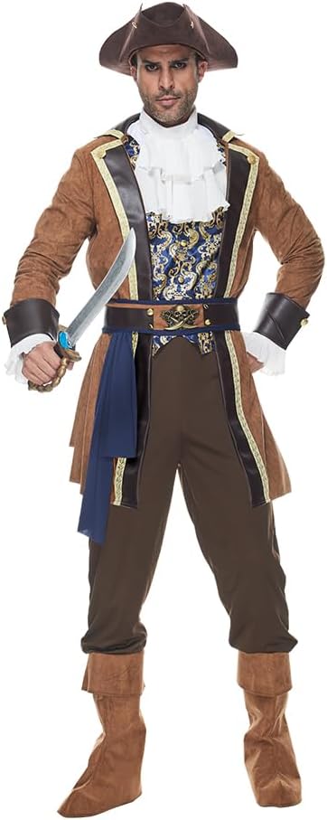 Men Deluxe Pirate Costume Adult Halloween Outfit Sea Captain Buccaneer Cosplay Party Dress Up 6 Pcs
