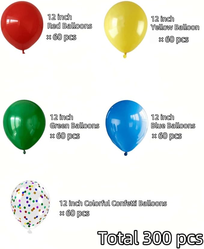 300 Pcs Red Yellow Blue Green Balloons, 12 Inch Red Yellow Blue Green Balloons and Colourful Confetti Balloons for Carnival, Circus Party Décor