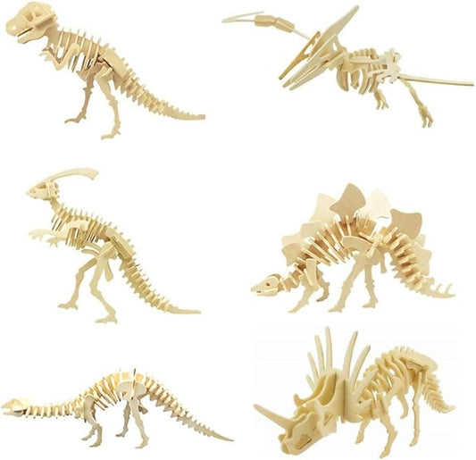 3D Wooden Dinosaur Puzzle - 6 Piece Set Wood Dinosaur Skeleton Model Puzzle - DIY Wooden Crafts 3D Puzzle - STEM Toys Gifts for Kids and Adults