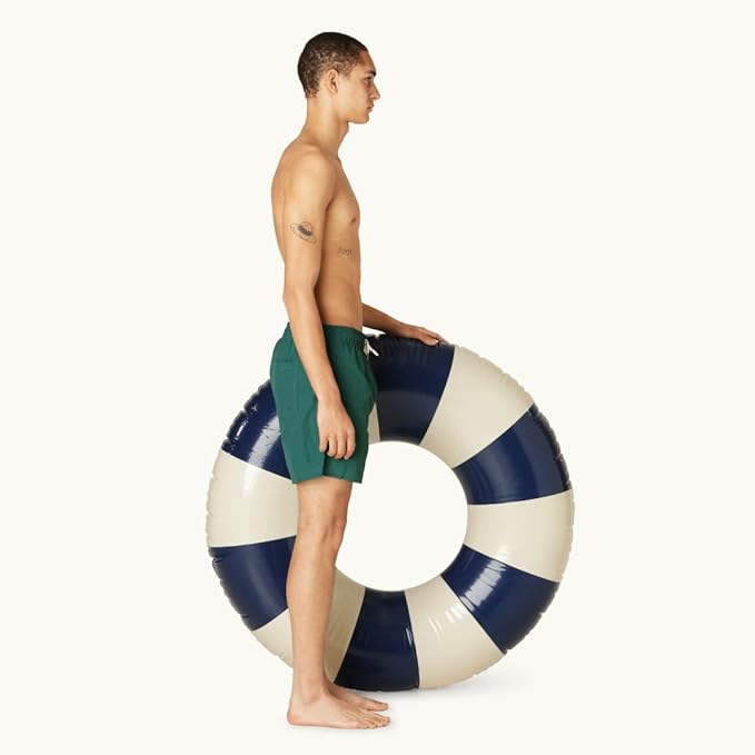 Petites-Pommes Tire Inner Tube for Adults - Durable Swim Ring, Handprinted Classic Striped Design Round Pool Floats, Soft Comfort Seaming, Packable Floats for Travel, Dark Blue, 47 inch