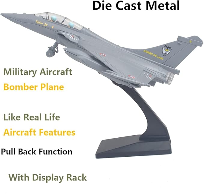 Ailejia Diecast Rafale Fighting Falcon Airplane Model Aircraft Army Air Force Toys Die Cast Military Plane Pull Back with Lights and Sounds (Rafale-Grey)