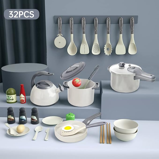 Bruvoalon 32Pcs Kids Play Kitchen Toys Set, Toddlers Pretend Cooking Playset Acccessories with Pots Pans, Utensils Cookware, Foods, Canned Veges, Learning Gift for Kids Girls Boys (White)