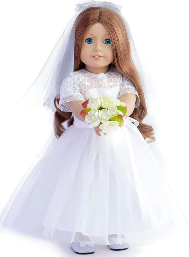18 Inches American Doll Clothes First Communion Gorgeous White Wedding Dress Veil Bouquet Sets Fit 18 Inches Dolls