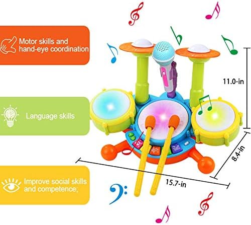 POKONBOY Kids Drum Set for Toddler 1-3, Musical Instruments Learning Toys with 2 Drum Sticks Adjustable Microphone Birthday Gifts for Boys Girls 6 12 18 Month
