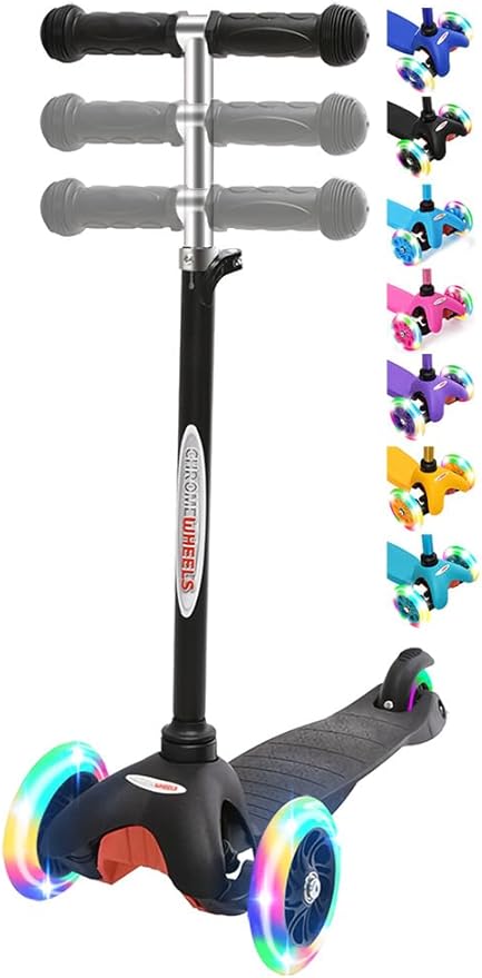 ChromeWheels Scooter for Kids, Deluxe 3 Wheel Scooter for Toddlers 4 Adjustable Height Glider with Kick Scooters, Lean to Steer with LED Flashing Light for Ages 3-6 Girls Boys